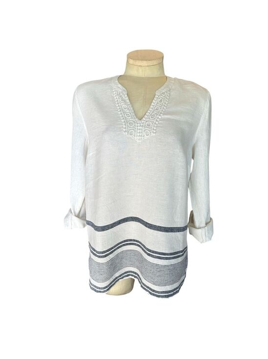 Kim Rogers Tops - Kim Rogers Women’s Roll Tab Linen Blend Adjustable Sleeve V-Neck Beachy Top PM